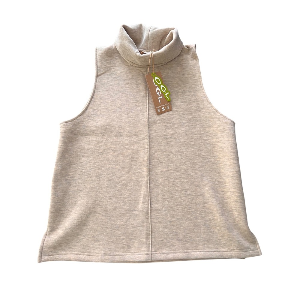 OGL Move Sleeveless Turtleneck Top Beige Heather Knit Center Seam NWT Medium